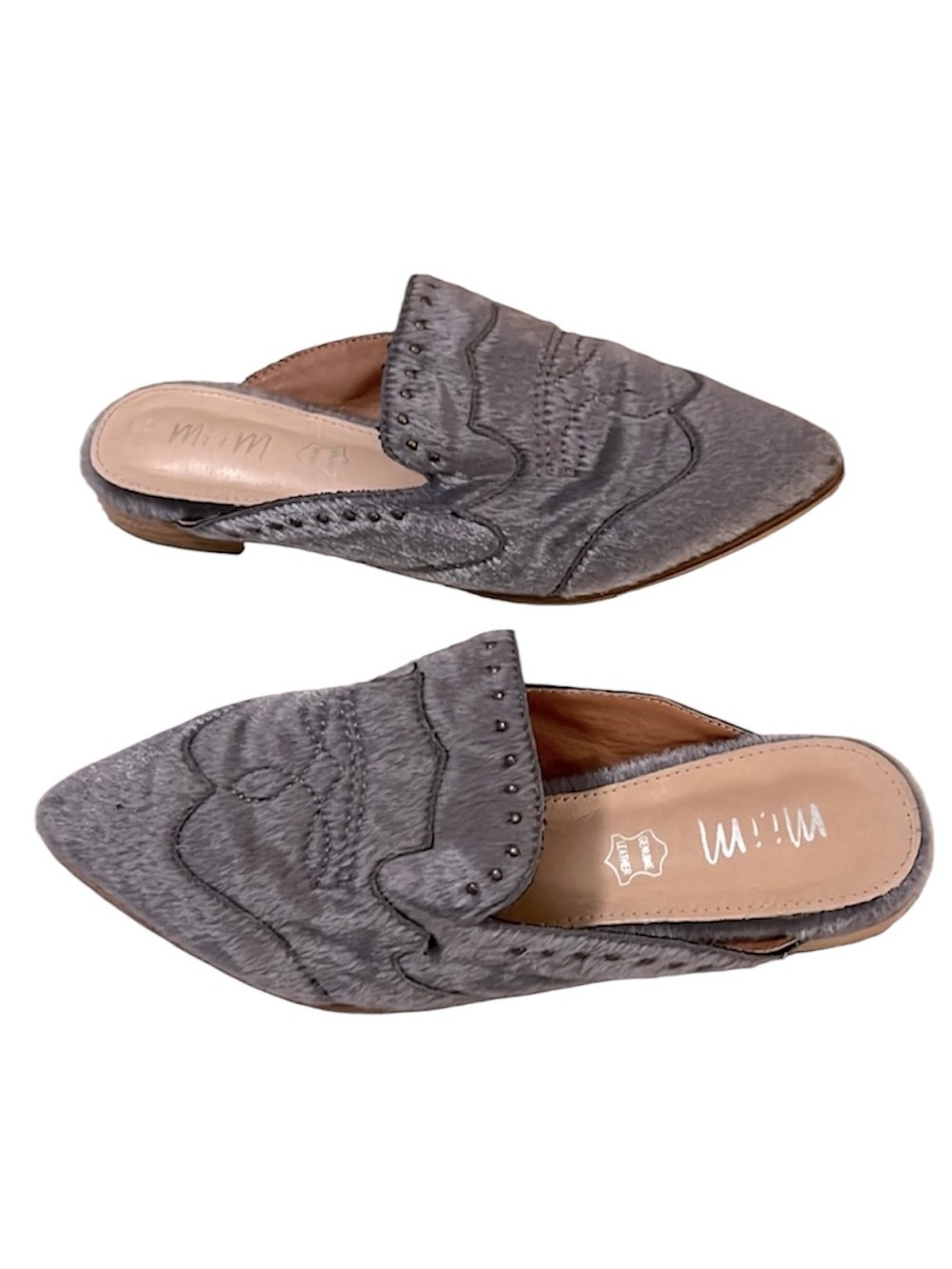 Mi.iM Women’s Leather Gray Faux Calf Pony Hair Mule Slide Flat Slip On Shoes 7